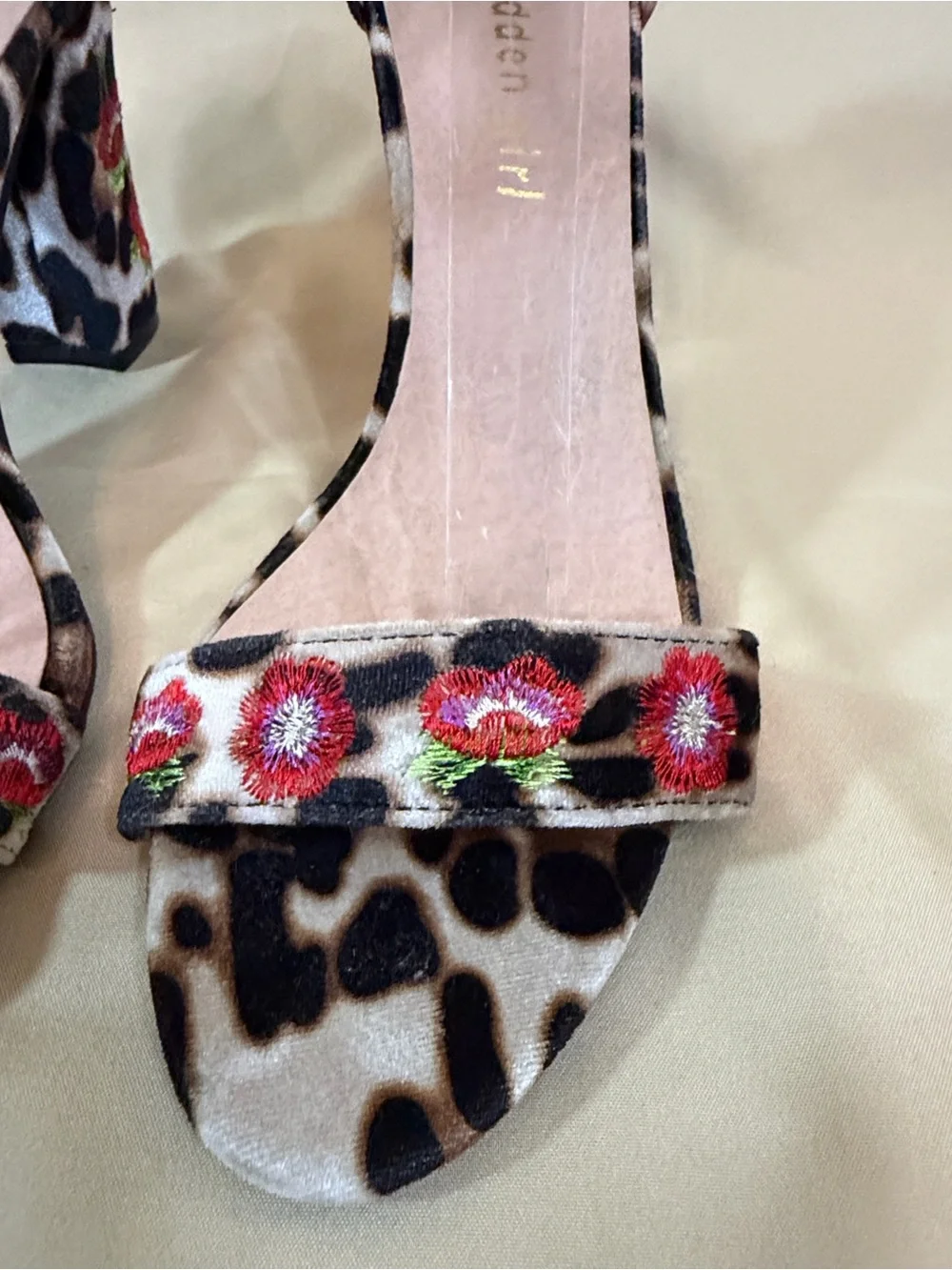 Madden Girl Leopard Print Block Heel Sandals with Floral Accent - Women